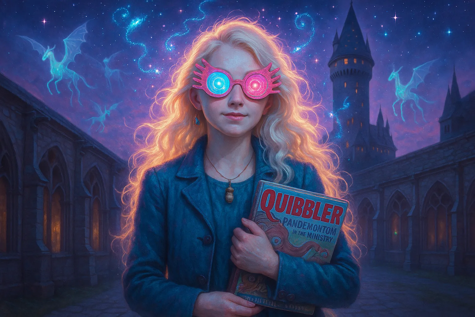Luna Lovegood in Hogwarts courtyard wearing Spectrespecs with magical creatures