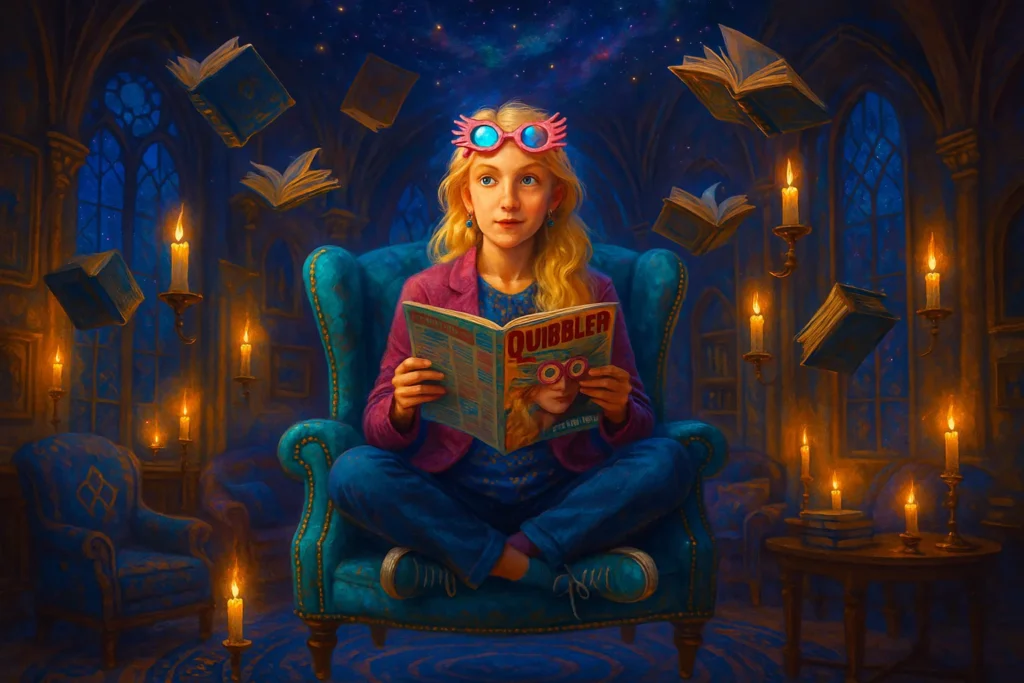 Luna Lovegood using Ravenclaw wisdom inside the enchanted common room
