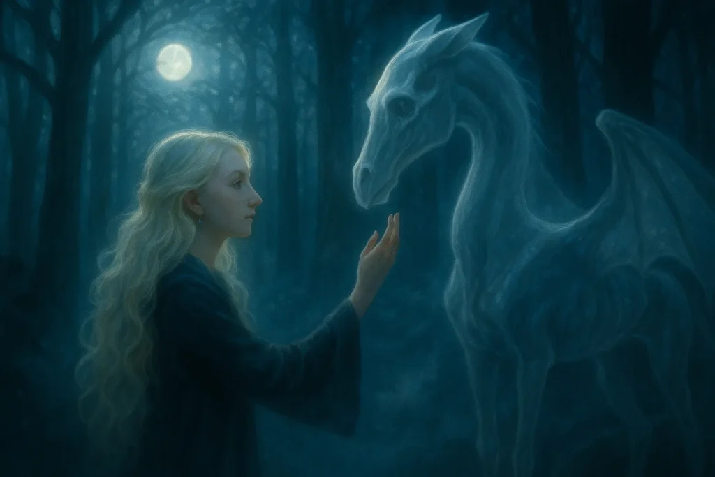 Luna Lovegood seeing thestrals in the Forbidden Forest
