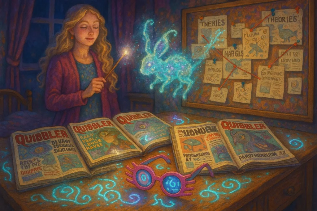 Luna Lovegood surrounded by The Quibbler, Spectrespecs, and magical creatures