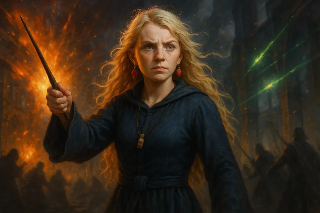 Luna Lovegood fighting Death Eaters in the Battle of Hogwarts