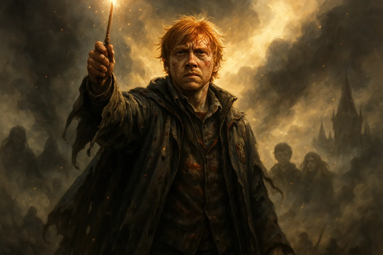 Ron Weasley standing heroically in battle, showcasing the true hero of the Golden Trio