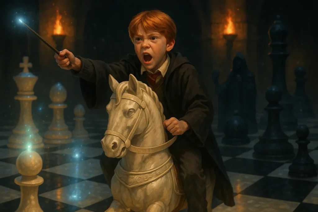 Ron Weasley commanding the life-sized wizard chess game to save the Golden Trio