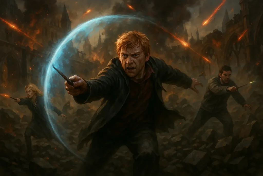 Ron Weasley fighting bravely in the Battle of Hogwarts alongside the Golden Trio