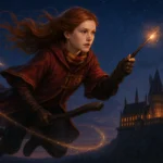 Ginny Weasley soaring above Hogwarts with wand in hand as Gryffindor’s fearless heroine