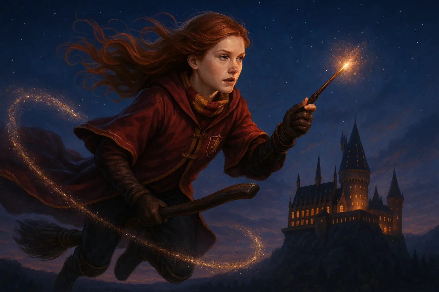 Ginny Weasley soaring above Hogwarts with wand in hand as Gryffindor’s fearless heroine