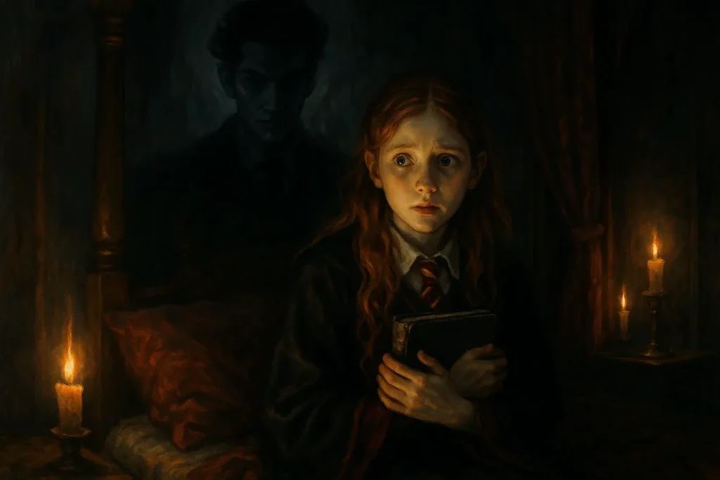 Ginny Weasley with Tom Riddle’s diary, foreshadowing her battle with dark magic