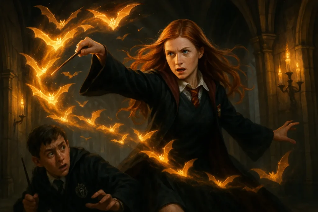 Ginny Weasley casting her iconic Bat-Bogey Hex in a Hogwarts duel