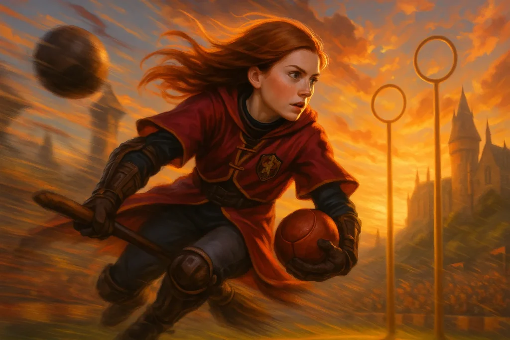 Ginny Weasley dominating the Quidditch field as Gryffindor’s top Chaser