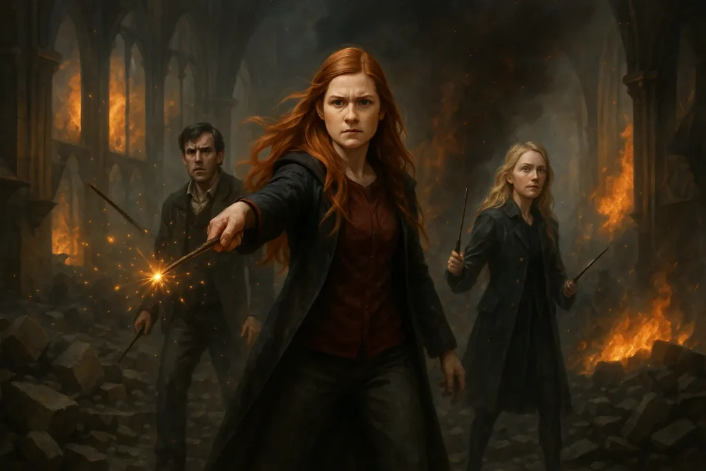 Ginny Weasley leading the defense during the Battle of Hogwarts with the Order of the Phoenix