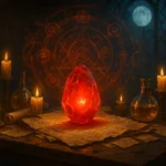 The Philosopher’s Stone glowing on an alchemist’s desk surrounded by magical scrolls and potions