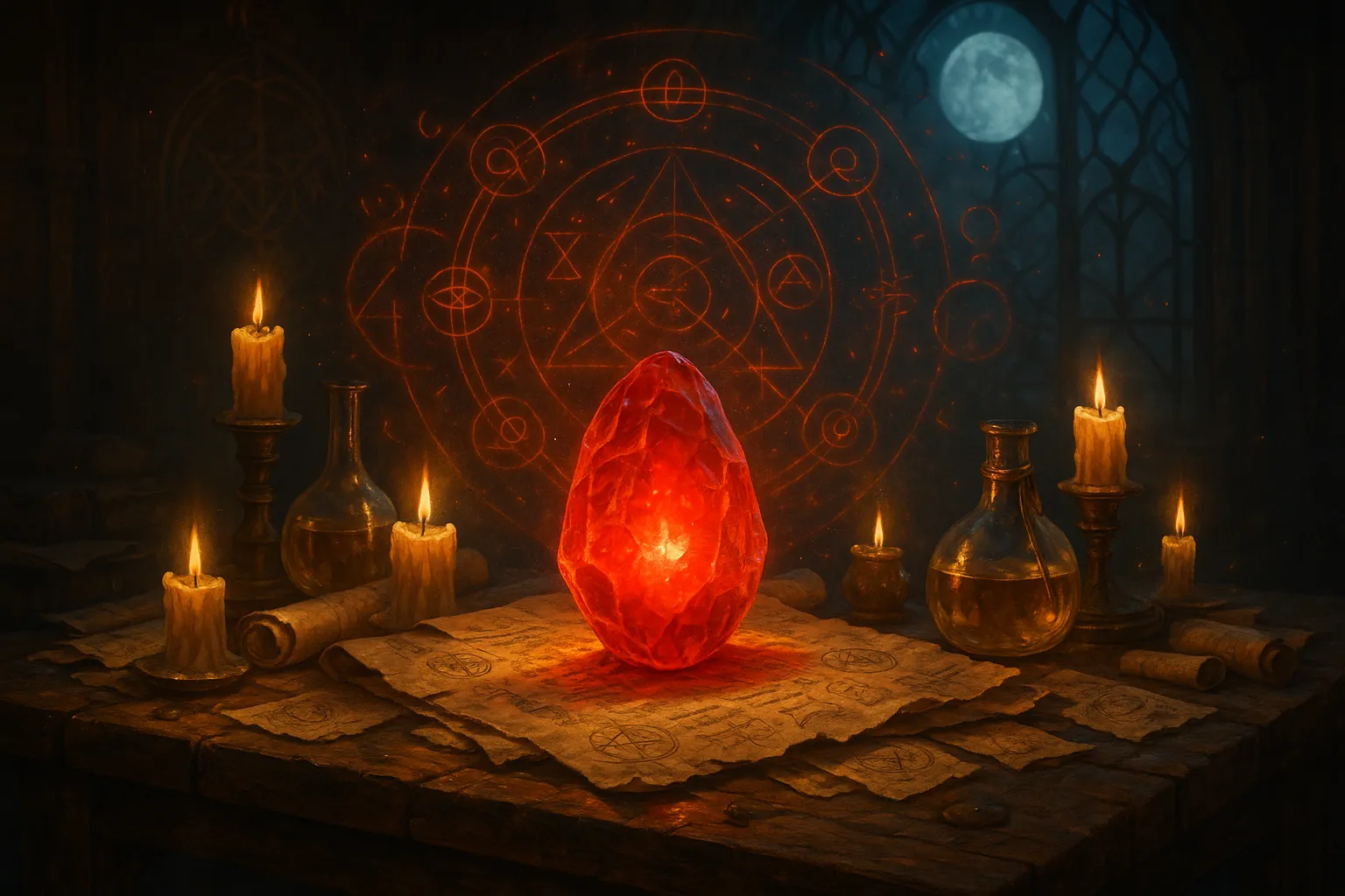 The Philosopher’s Stone glowing on an alchemist’s desk surrounded by magical scrolls and potions