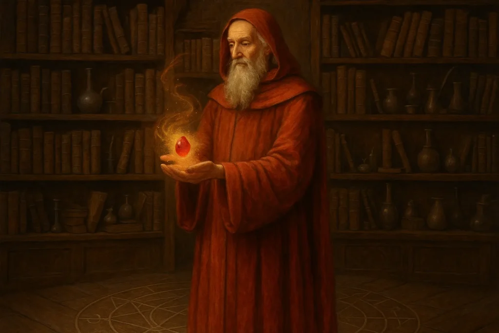 Nicolas Flamel holding the glowing Philosopher’s Stone in a magical medieval alchemist’s library
