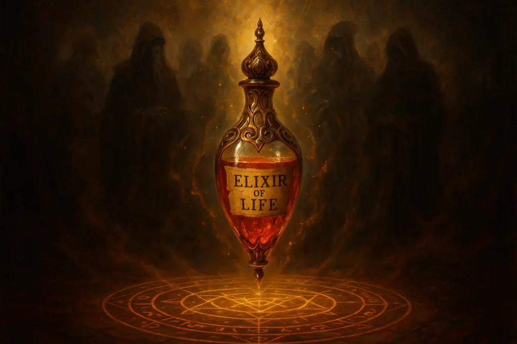 Elixir of Life created from the Philosopher’s Stone floating above magical runes