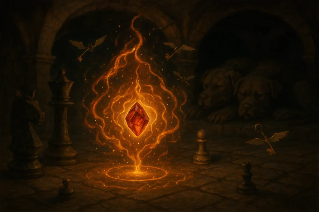 The Philosopher’s Stone glowing inside Hogwarts chamber surrounded by magical protections