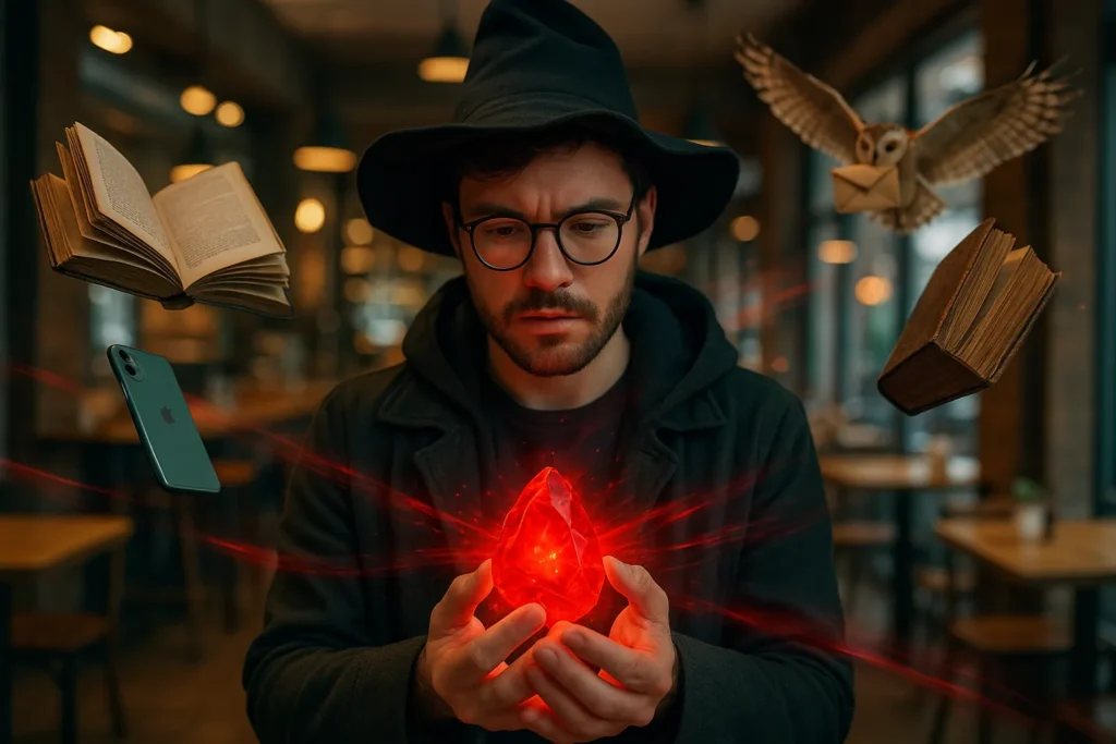 Modern-day witch discovering the Philosopher’s Stone glowing with magical energy