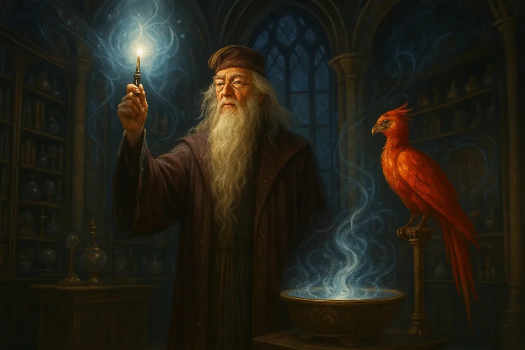 Dumbledore’s items including the Deluminator, Pensieve, and Phoenix in his Hogwarts office