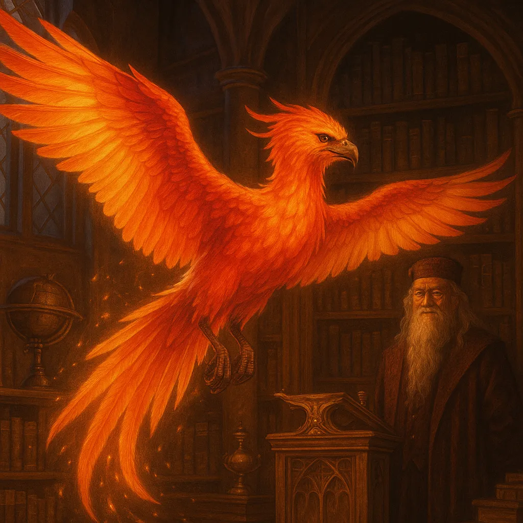 Dumbledore’s item Phoenix Fawkes soaring in Hogwarts office