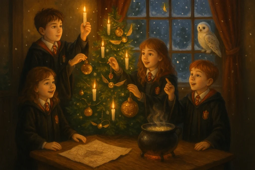 Harry Potter holidays celebration with magical Christmas tree and Butterbeer in Muggle world