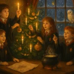 Harry Potter holidays celebration with magical Christmas tree and Butterbeer in Muggle world