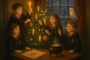 Harry Potter holidays celebration with magical Christmas tree and Butterbeer in Muggle world