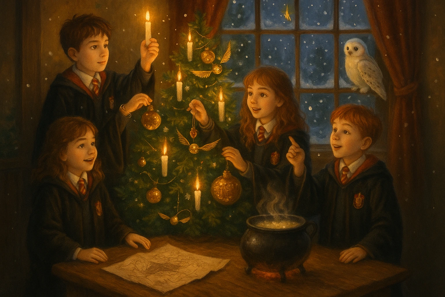 Harry Potter holidays celebration with magical Christmas tree and Butterbeer in Muggle world