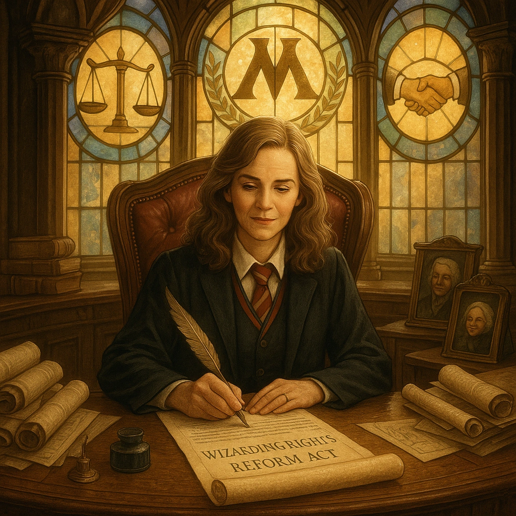 Hermione Granger as future Minister of Magic working on wizarding rights