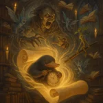 A whirlwind of Harry Potter creatures including boggarts, nifflers, and pixies emerging from a glowing magical scroll