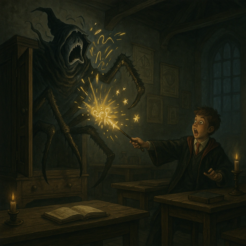 A Harry Potter creatures Boggart transforming inside a Hogwarts classroom wardrobe