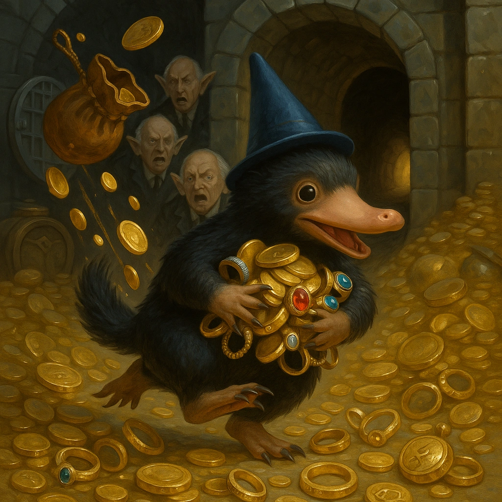 Harry Potter creatures Niffler stealing treasure from Gringotts