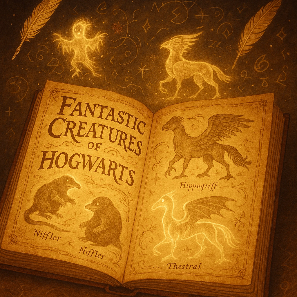Harry Potter magical bestiary showing creatures like Boggarts and Nifflers