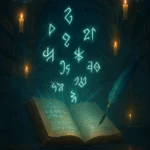 Enchanted spellbook displaying Harry Potter languages in Hogwarts Library
