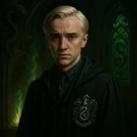 Ultra-realistic portrait of Draco Malfoy in the Slytherin common room, highlighting his Slytherin identity.