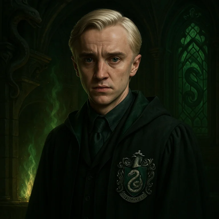 Ultra-realistic portrait of Draco Malfoy in the Slytherin common room, highlighting his Slytherin identity.