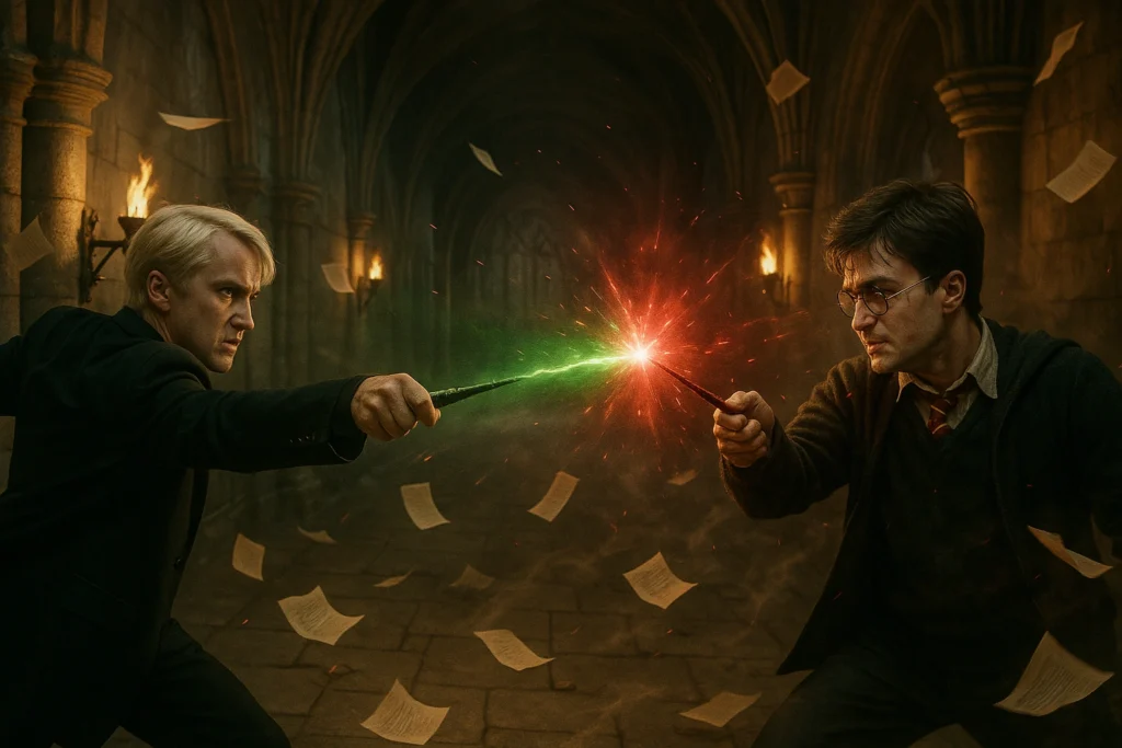 Draco Malfoy dueling Harry Potter at Hogwarts in a magical confrontation.