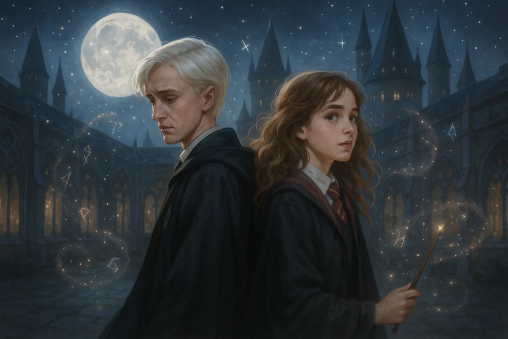 Draco Malfoy and Hermione Granger under moonlight in a magical Hogwarts courtyard.