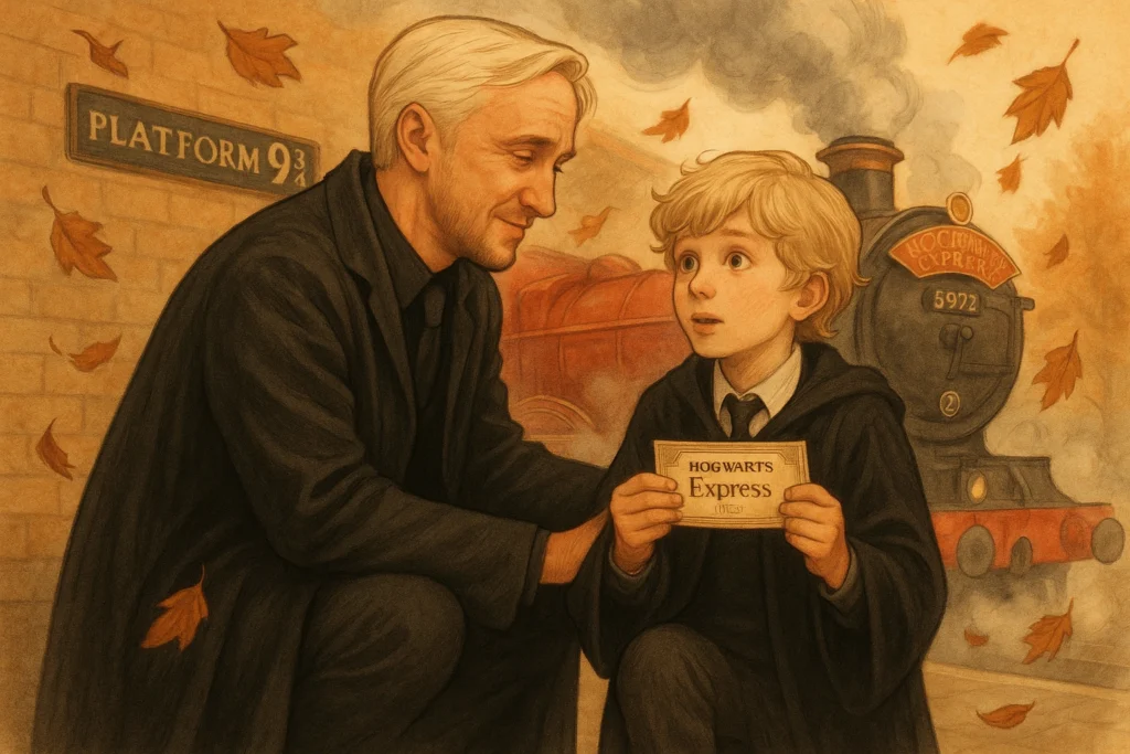 Draco Malfoy sending his son Scorpius off to Hogwarts, symbolizing a new legacy.