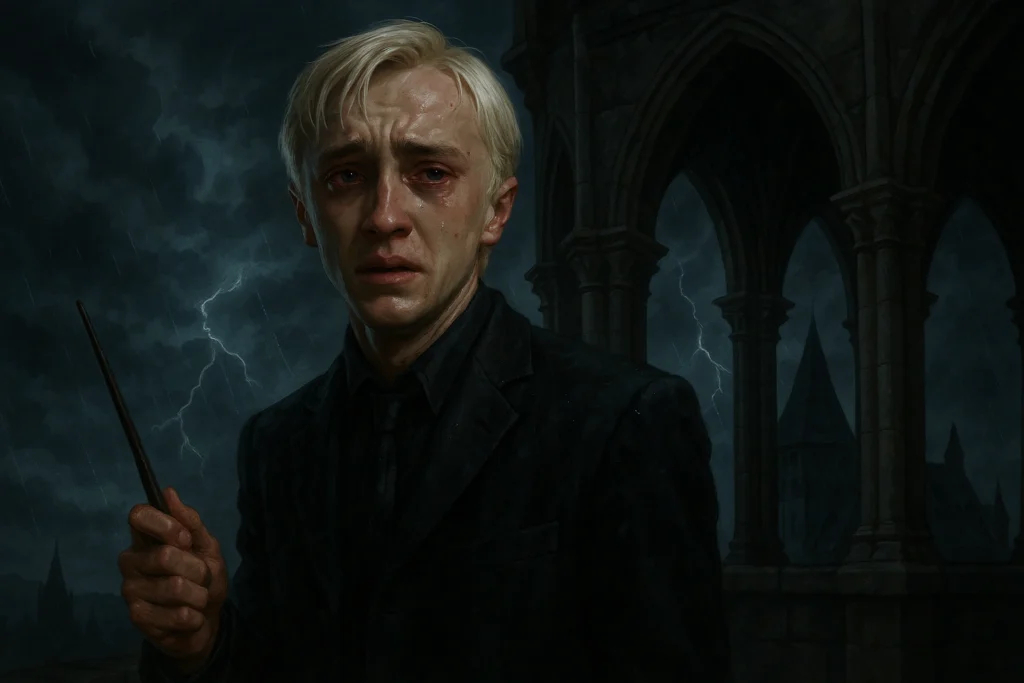 Draco Malfoy holding a wand on the Astronomy Tower in a moment of internal conflict.