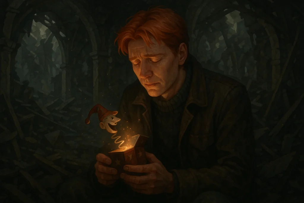 George Weasley mourning Fred Weasley in a magical, emotional setting