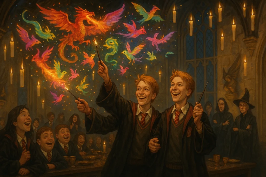 Fred Weasley lighting up Hogwarts Great Hall with magical fireworks