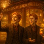 Fred Weasley and George Weasley outside their magical joke shop in a dazzling fantasy scene