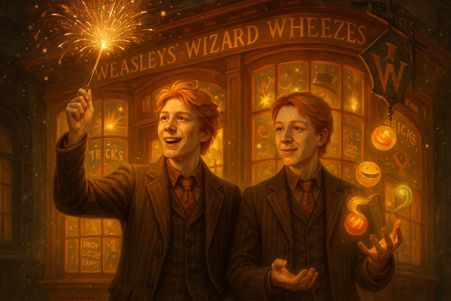 Fred Weasley and George Weasley outside their magical joke shop in a dazzling fantasy scene