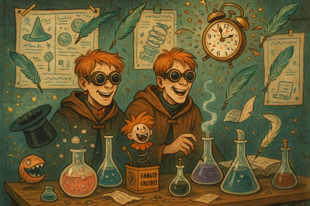 Fred Weasley inventing magical prank items with George Weasley