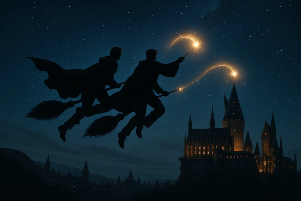 Fred Weasley and George Weasley flying over Hogwarts casting magical light