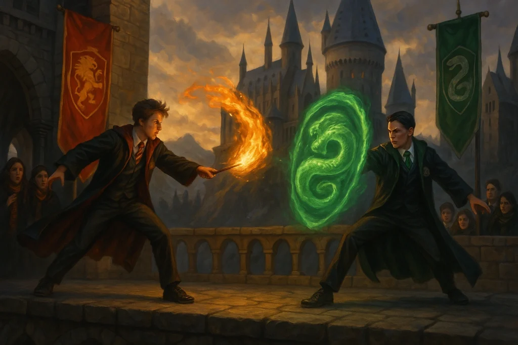 Hogwarts house quiz showdown between Gryffindor and Slytherin students with magical duel