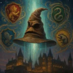 Hogwarts house quiz Sorting Hat floating with magical house crests glowing around it