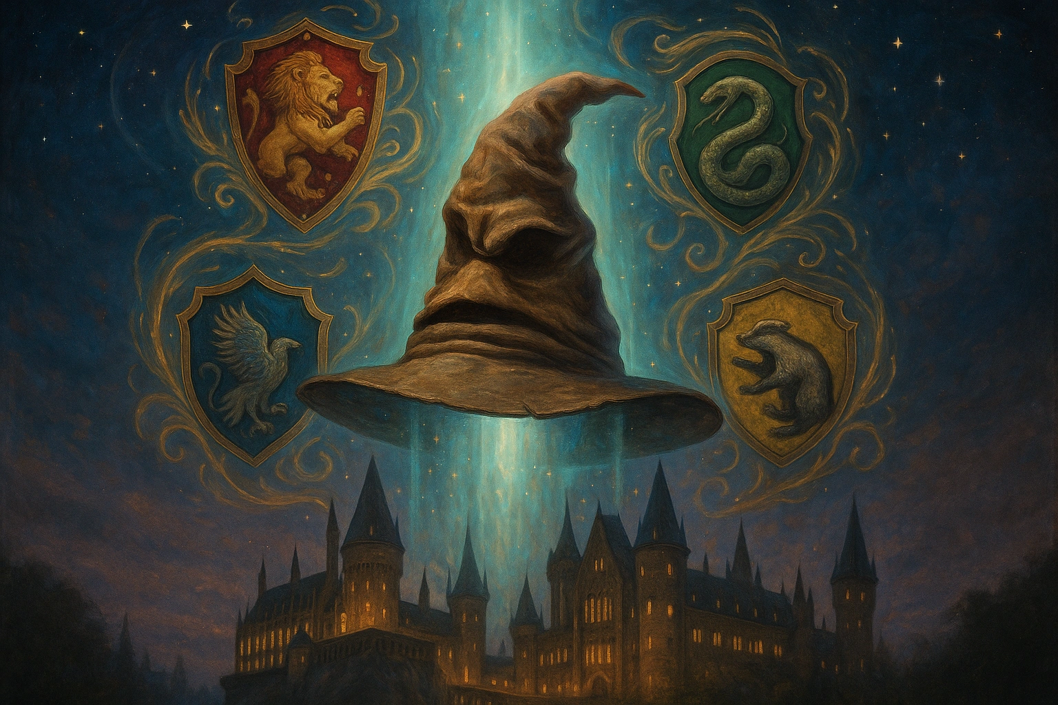 Hogwarts house quiz Sorting Hat floating with magical house crests glowing around it