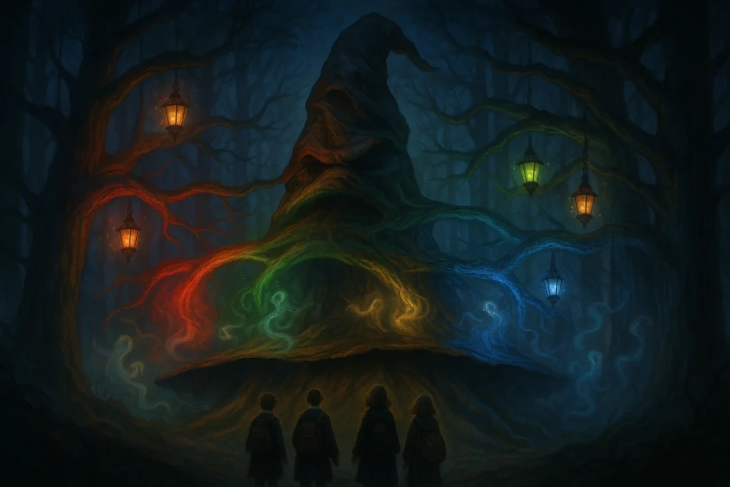 Hogwarts house quiz Sorting Hat reimagined as magical tree branching into four house paths