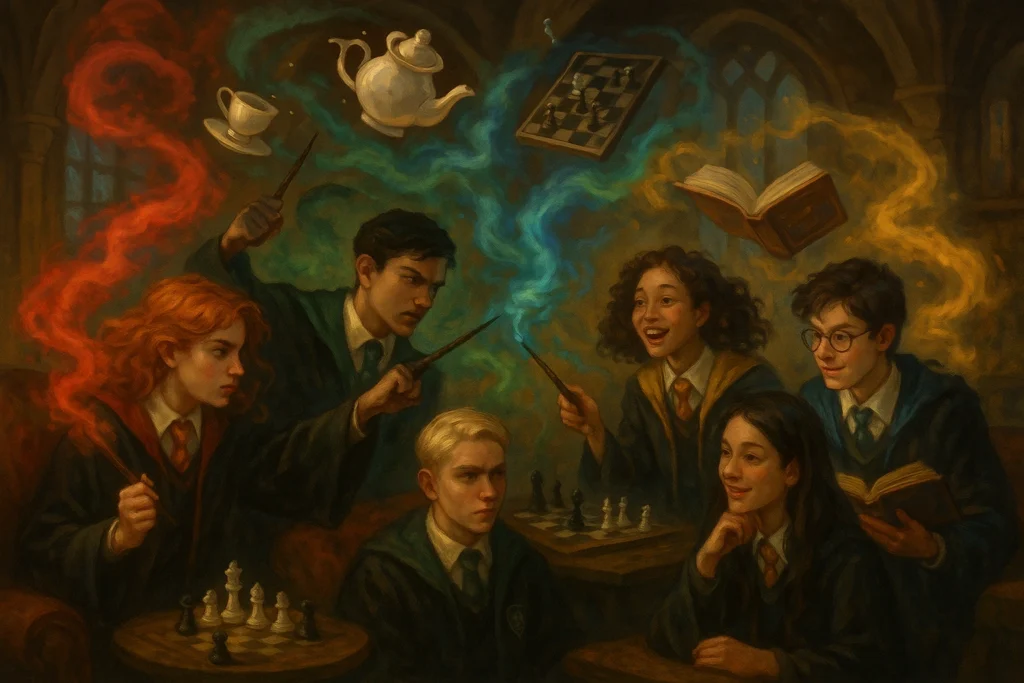 Hogwarts house quiz exploring house compatibility and magical traits through shared common room scene