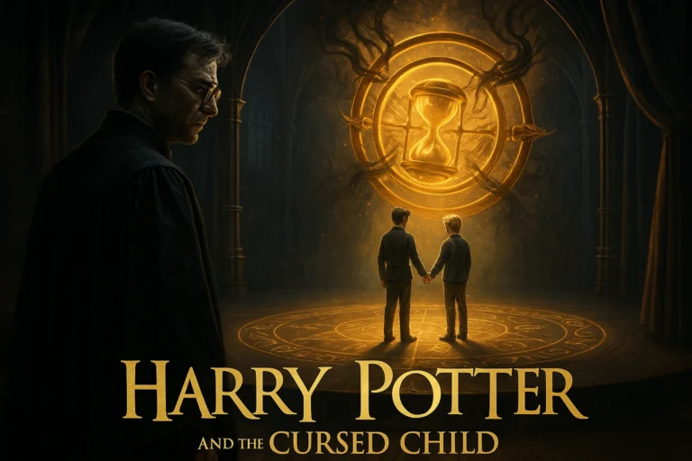 Grown-up Harry Potter watching Albus and Scorpius on stage in a magical Harry Potter Cursed Child scene
